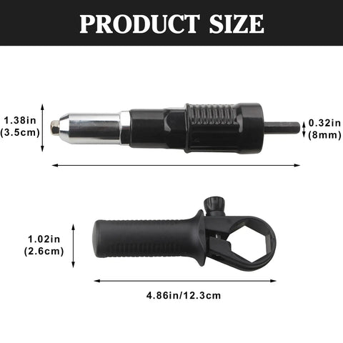 DIY Friendly Pro Grade Rivet Gun Adapter Kit With Drill Attachment showing dimensions and black aluminum body
