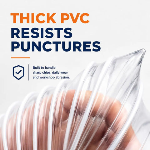 Kickass 4 Inch Pvc Dust Collection Hose 20 Feet Long showing thick PVC resisting punctures, designed for durability and flexibility.