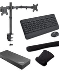 Slick Hybrid Usb C And Usb A Dock With 90W Fast Charge, Dual HDM I Display Port, Bundled With Desk Mount Dual Monitor Stand, Wireless Keyboard, Gel Mouse And Wrist Pad For Rock Solid Workstation Setup.