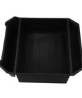 Slick Sliding Center Console Organizer Tray For Tesla Cybertruck 2024 And Up Models Black deep storage compartment with mesh base.