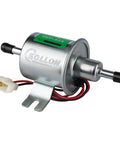 12V Inline Fuel Pump Universal Low Pressure 3-6 PSI, 30 GPH, 8mm hose, copper clad aluminum, shown from side with wiring