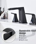 Matte Black Waterfall Bathroom Faucet For 8 Inch Widespread Sink with Two Handles and Pop Up Drain, side view showing water flow