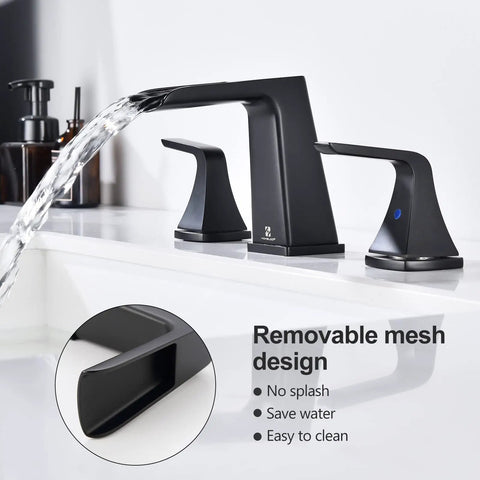Matte Black Waterfall Bathroom Faucet For 8 Inch Widespread Sink with Two Handles and Pop Up Drain, side view showing water flow