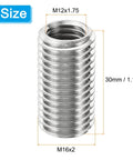 Front view of a stainless steel thread adapter sleeve M16x2 male to M12x1.75 female, 30mm long