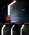 Milwaukee 18V Compatible LED Work Light 30W 2400LM with USB port shown lit, on a cityscape background, demonstrating brightness modes