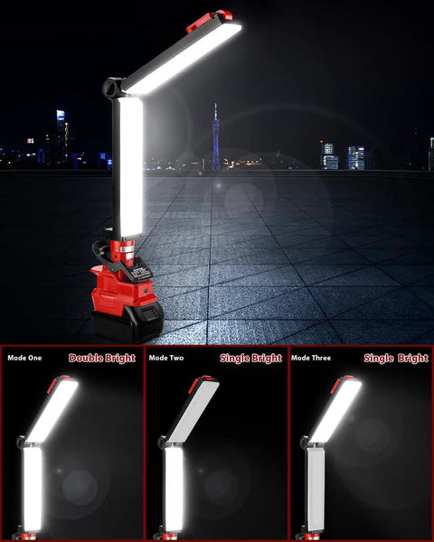 Milwaukee 18V Compatible LED Work Light 30W 2400LM with USB port shown lit, on a cityscape background, demonstrating brightness modes