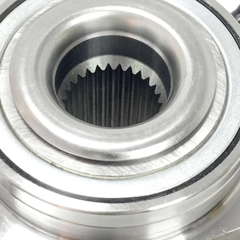 Close-up of Beefy Front Wheel Bearing Hub Assembly 5 Lug With ABS Fits 2006 2010 Ford Explorer, 2007 2010 Explorer Sport Trac, 2006 2010 Mercury Mountaineer Replaces Worn Hubs And Cuts Noise For A Smooth Quiet Ride