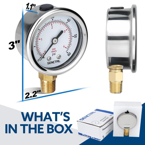 0-60 Psi Pressure Gauge With 2 Inch Dial And 1/4 NPT Lower Mount, Waterproof Stainless Steel Case, IP67 Rated