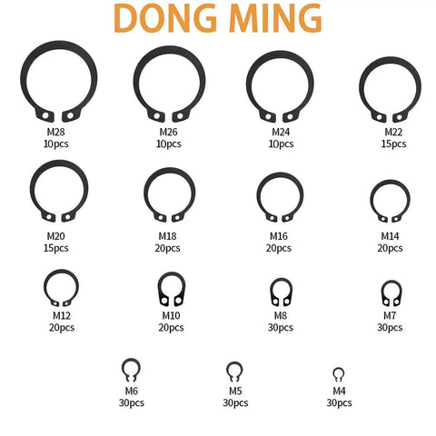 Heavy Duty Multiple Size Clip Set Ranging From 4mm To 28mm For Heavy Machinery And Car Repair Jobs That Won`t Rust Steel Rings in various sizes.