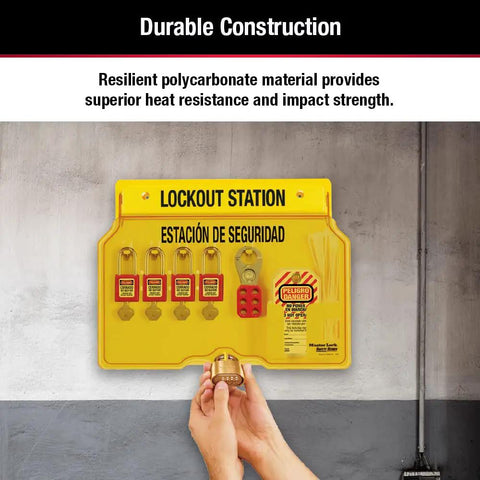 1482BP410 Covered Lockout Tagout Station With Four Zenex Thermoplastic Padlocks in yellow polycarbonate cabinet on wall