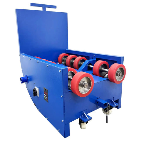 Heavy Duty Electric Drum Rotator Mixer For Nailing Paint And Grease Blends Fast Using Variable Speed Up To 46 RPM And 400W Power Handling 200 Liter Drums Up To 485 Lbs No Fuss in blue with red rollers.