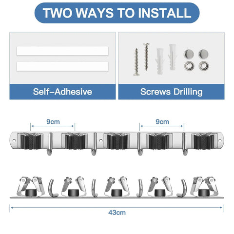 Installation options for Stainless Steel Wall Mounted Broom And Mop Holder With Five Racks And Four Hooks Self Adhesive Heavy Duty