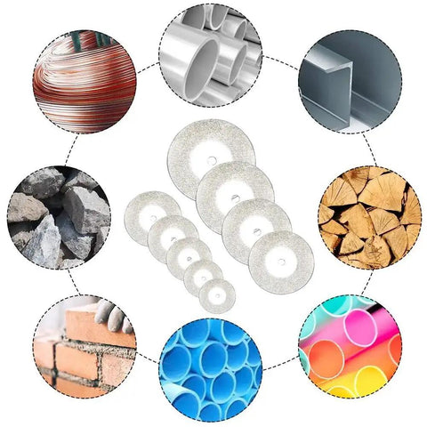 Versatile Mini Diamond Cutting Disc Set For Grinding And Precise Slicing Of Gemstones Glass Ceramics Rocks Aluminum Copper tools displayed with materials.