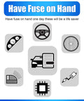 Illustration of car components emphasizing importance of carrying fuses, featuring images of a steering wheel, car, and circuit symbols.