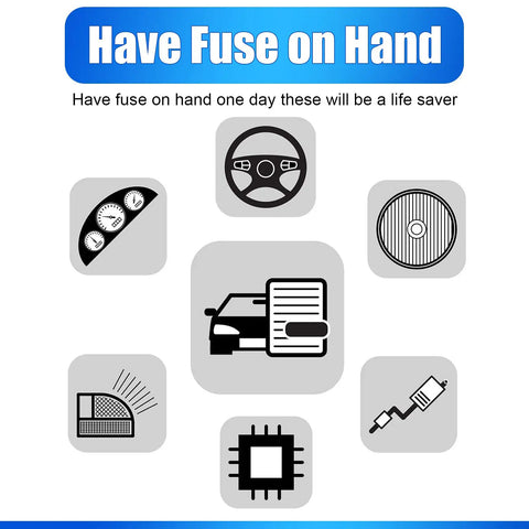 Illustration of car components emphasizing importance of carrying fuses, featuring images of a steering wheel, car, and circuit symbols.