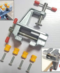 Rock Solid Mini Bench Vise Slick Portable Aluminum Table Clamp With Adjustable Jaw Pins For Drill Press Desktop Mounting, showing detailed components.