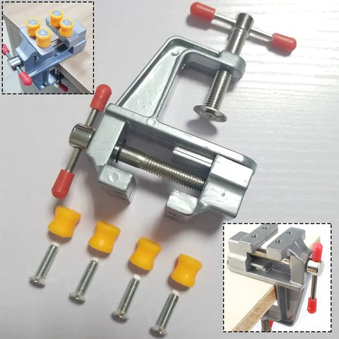 Rock Solid Mini Bench Vise Slick Portable Aluminum Table Clamp With Adjustable Jaw Pins For Drill Press Desktop Mounting, showing detailed components.