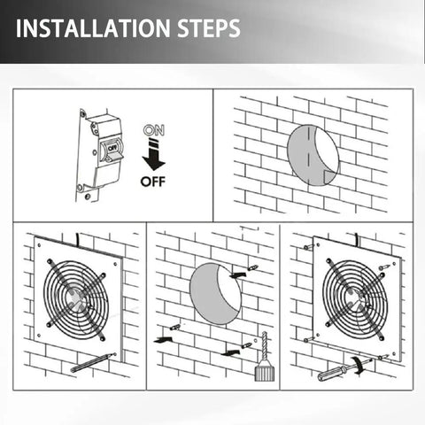 Installation steps for 8 Inch Exhaust Fan 735 CFM Wall Mounted Vent For Bathroom Attic Kitchen Window Basement 110V 80W Black