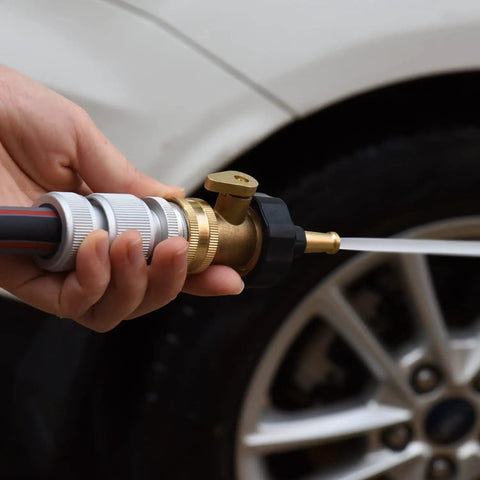 Heavy Duty Brass Jet Nozzle With Shut Off Valve For High Pressure Outdoor Cleaning Two Pack in use on car tire