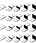 Offset Canvas Clips For Picture Framing Assorted Small Sizes Ten Of Each Size Zero Zero Inch Flat One Eighth Inch One Quarter Inch Three Eighths Inch And One Half Inch With Two Screws Per Clip And One Hundred Zinc Plated Screws Included arranged in rows.