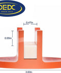 Front view of DEDC orange aluminum grooved magnetic jack pad with two vertical prongs; base 2.83 in wide, 1.34 in tall.