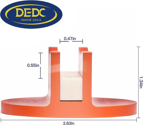Front view of DEDC orange aluminum grooved magnetic jack pad with two vertical prongs; base 2.83 in wide, 1.34 in tall.