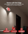 Red LED Exit Sign With Emergency Lights And Backup Battery, Super Bright 200 Lumen Output in a dimly lit hallway