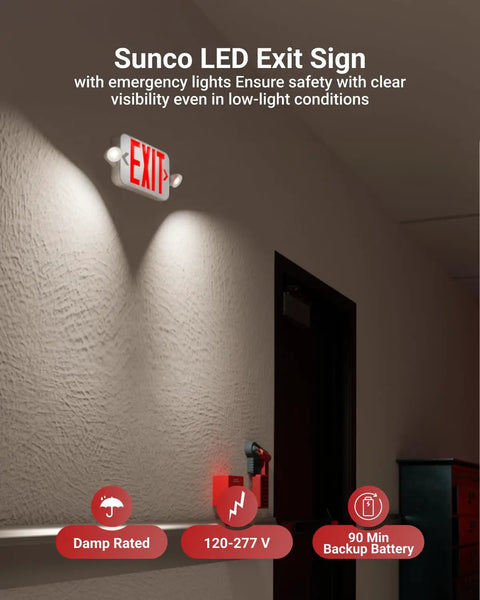 Red LED Exit Sign With Emergency Lights And Backup Battery, Super Bright 200 Lumen Output in a dimly lit hallway