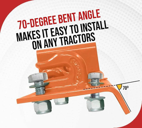Orange Tractor Bucket Grab Hooks Bolt On Plate With D Ring And Grab Hooks For 2 Inch Hitch Receiver showing 70-degree bent angle.
