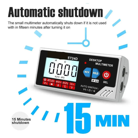 6000 Counts Digital Multimeter With Smart Desktop Design Auto Range Rechargeable Battery Ideal For PCB Circuit Testing And Electronics Diagnostics A Handy DIY Tool For Hobbyists And Pro Technicians displaying automatic shutdown feature