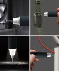 Cordless Electric Screwdriver Kit with LED Light and USB Rechargeable Power, shown in various uses including laptop repair.