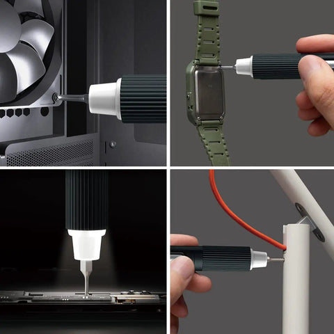 Cordless Electric Screwdriver Kit with LED Light and USB Rechargeable Power, shown in various uses including laptop repair.