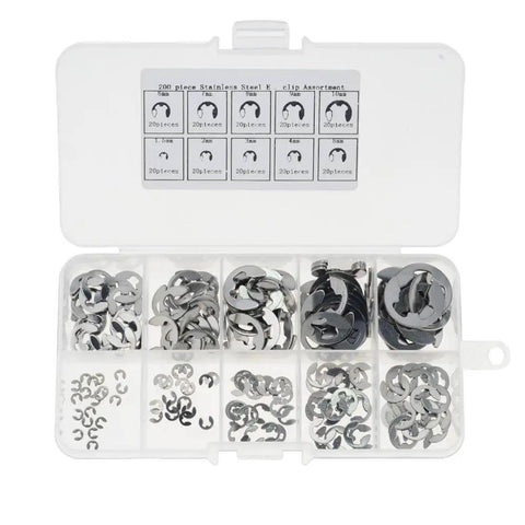 Pro Grade 304 Stainless Steel E Clip Washers Assortment Kit M1.5 To M10 Circlip Retaining Rings for Shaft Fasteners 200 Pieces Per Box
