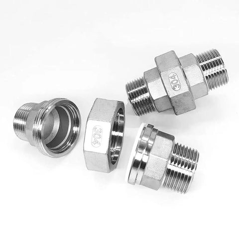 Rock Solid 304 Stainless Steel Coupling Union Pipe Connector Featuring Female To Female Threads For No Sweat Plumbing Jobs And Serious Corrosion Defense, showcasing multiple connectors.