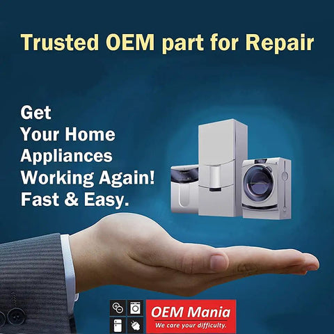 Hand holding appliance icons with text 'Trusted OEM part for Repair'; Genuine OEM Robertshaw IMV708 Refrigerator Water Valve Replacement For Whirlpool Kitchenaid Kenmore W10408179 4389177 Compatible Durable Easy Install Original Version