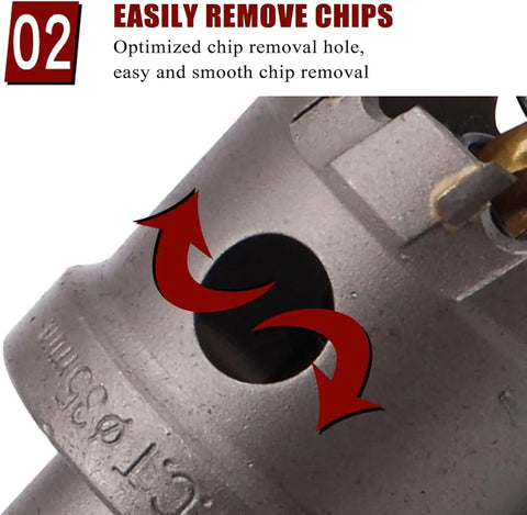 Ultimate Carbide Hole Saw Drill Set For Hard Metal And Stainless Steel With Multi Tooth Core Cutter Kit To Smash Through Tough Jobs Effortlessly In Your Garage Or Job Site For Serious Pros. carbide hole saw close-up with chip removal hole and arrows