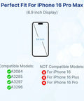 Diagram of iPhone 16 Pro Max 6.9 inch display showing compatible models A3084, A3295, A3297, A3296 with checks and crosses.