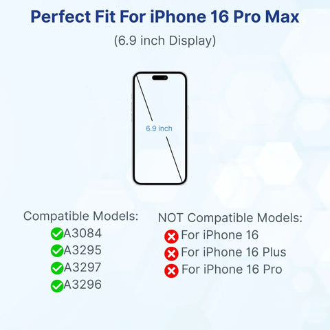 Diagram of iPhone 16 Pro Max 6.9 inch display showing compatible models A3084, A3295, A3297, A3296 with checks and crosses.