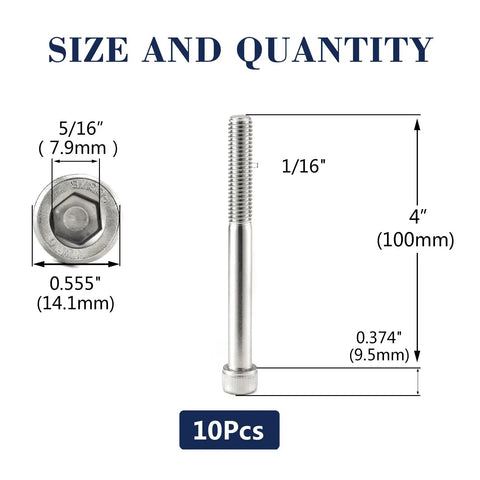 Built Tough 304 Stainless Steel Socket Head Cap Screws 10 Pack 3/8 16 X 4 Inch partial thread hex bolts dimensions and size chart