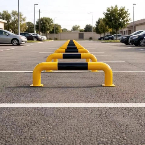 Built Like A Tank Full Weld Steel Driveway Guard And Warehouse Safety Barrier With U Shaped Floor Mount Design Using Thickened Reinforced Pipes That Handle Heavy Traffic Like A Boss Protect Your Garage Space Without Worries Ever, yellow and black steel barrier in parking lot.