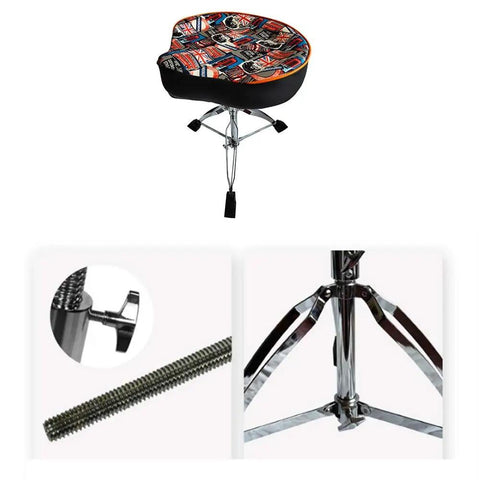 Road Ready Foldable Drum Throne With Chrome Motorcycle Style Base, showcasing padded seat and adjustable chrome pedestal.