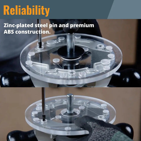 Killer Heavy Duty Ten Piece Router Template Bushing Guide Set With Centering Pin And Cone Tool For Smooth Sailing Woodworking showing zinc-plated steel pin in ABS base.