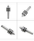 MT4 Morse taper live center with 60° point; steel body, four-view collage front side close-up angle