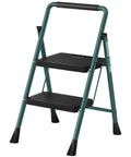 Compact Folding Step Ladder With Wide Anti Slip Pedals, Lightweight Steel Step Stool, 2 Steps, Handgrip, Portable, Green