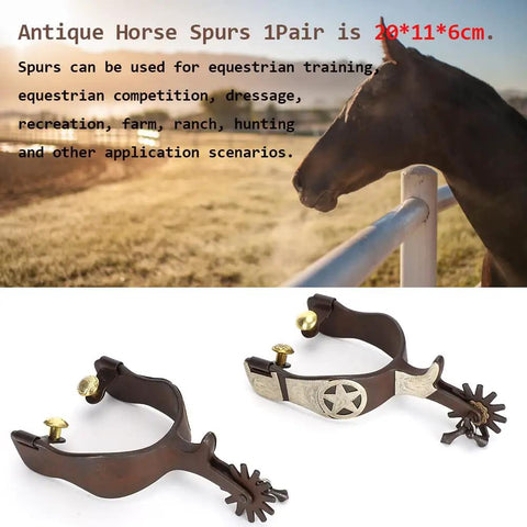 Antique Brown Western Style Horse Spurs 1 Pair with Hand Carved Decoration for Boots