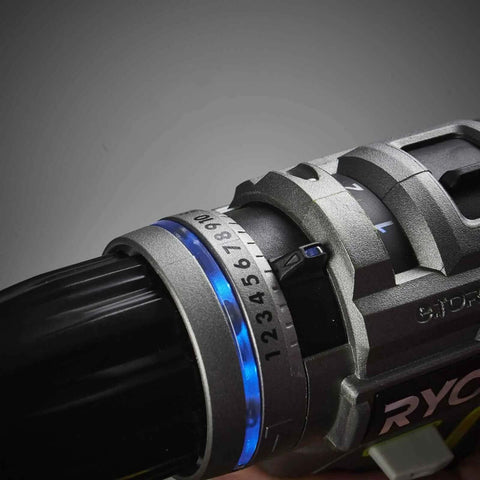Close-up of Professional Grade Brushless Percussion Drill With Killer Torque And All Metal Chuck 18 Volt showing the chuck and settings.