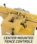 Pro Six Inch Jointer With Helical Cutterhead And One Horsepower Motor features center-mounted fence controls for precision alignment.