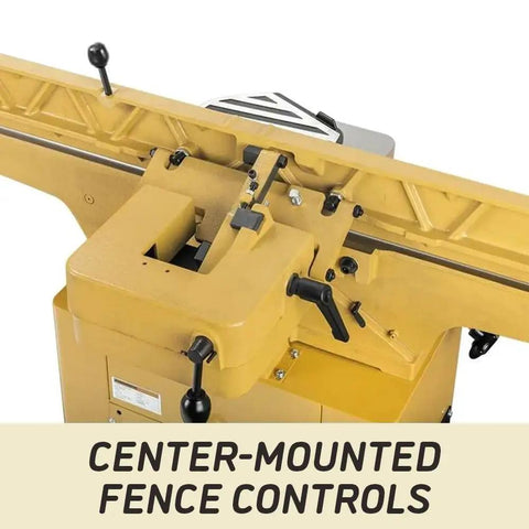 Pro Six Inch Jointer With Helical Cutterhead And One Horsepower Motor features center-mounted fence controls for precision alignment.