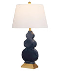Totally Chic Navy Blue And Gold Ceramic Table Lamp With White Linen Shade, Sleek Mid Century Triple Gourd Design For Bedroom Or Office
