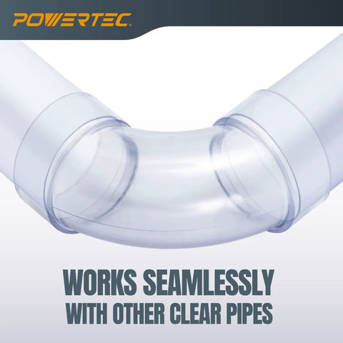 Close-up of a Four Inch ID 90 Degree Dust Collection Elbow Fitting with built-in coupler made of clear durable plastic.